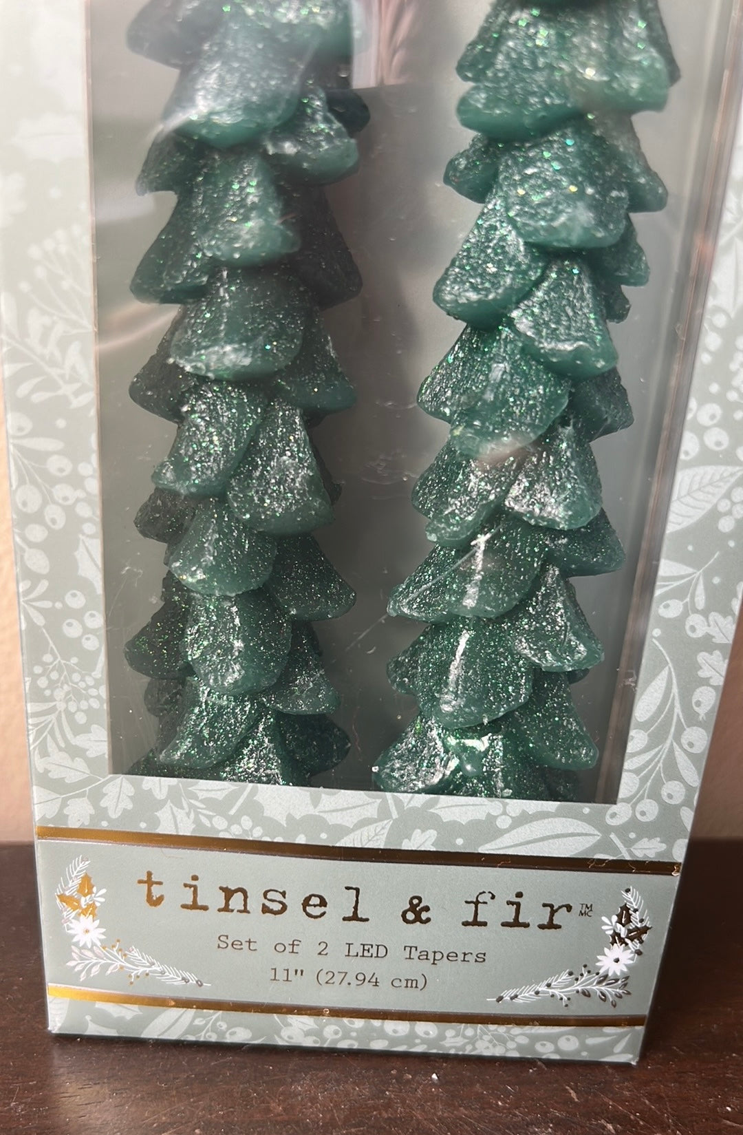 Tinsel & Fir Flameless Taper Candles 2 Pcs LED Christmas Tree 11” Green Shimmery