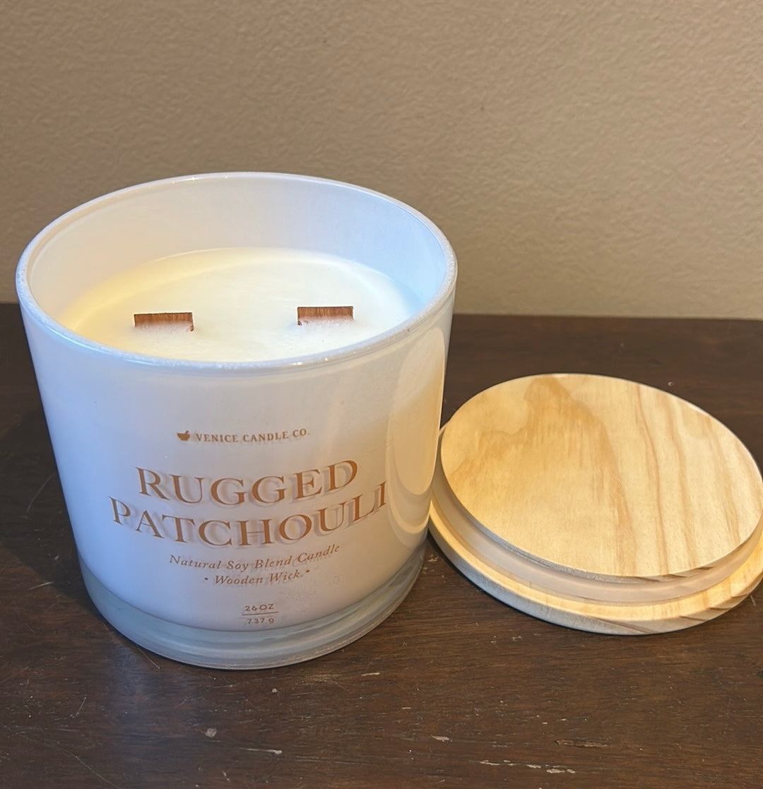 Scentsational Rugged Patchouli Candle Large Glass Jar 26oz soy Wax WoodWick