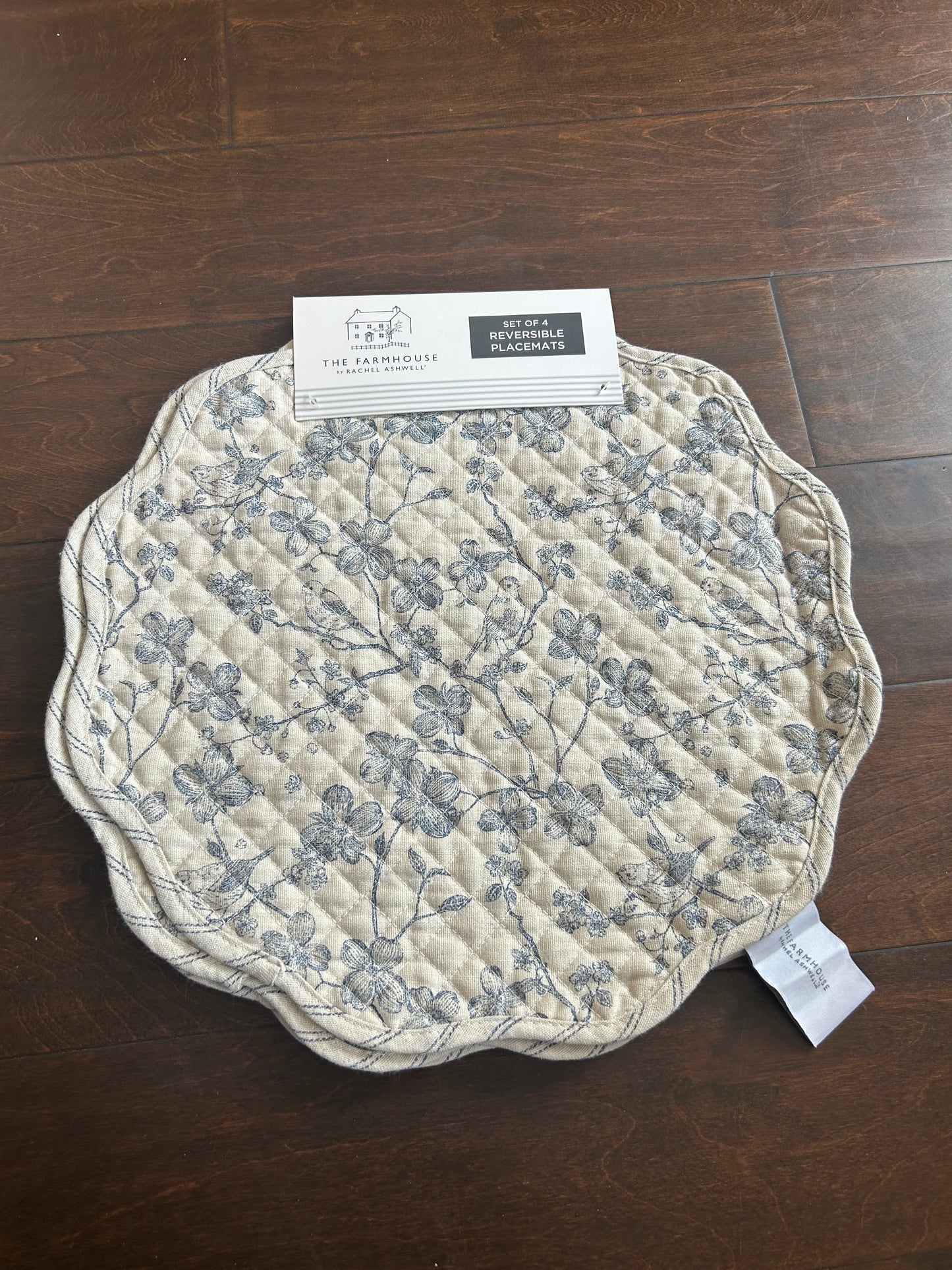 Rachel Ashwell Set Of 4 Quilted Placemats New Beige Blue Floral Birds Stripes