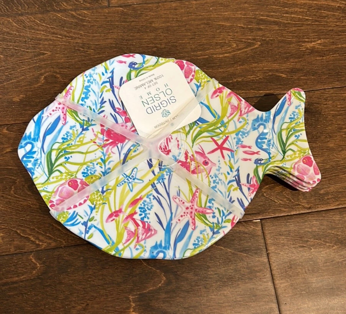Sigrid Olsen Fish Shape salad plates Set Of 4 Ocean Coral Reef Melamine Nautical