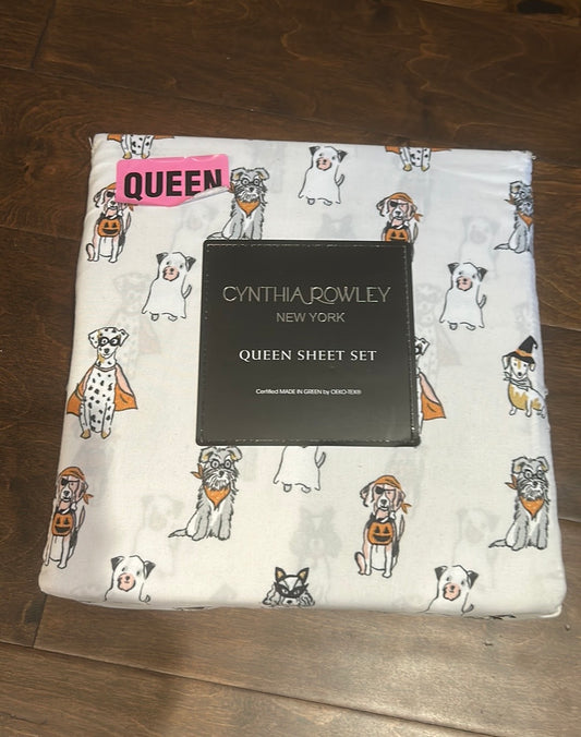 Cynthia Rowley Halloween Dogs In Costumes Pumpkins Queen Sheet Set New