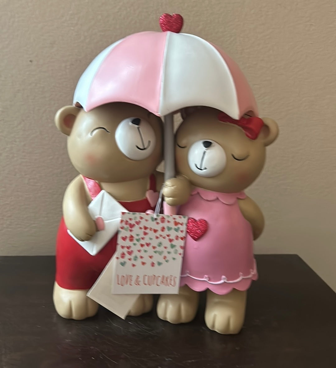 Cute Teddy Bear Couple Under Umbrella Figurine Valentines Day