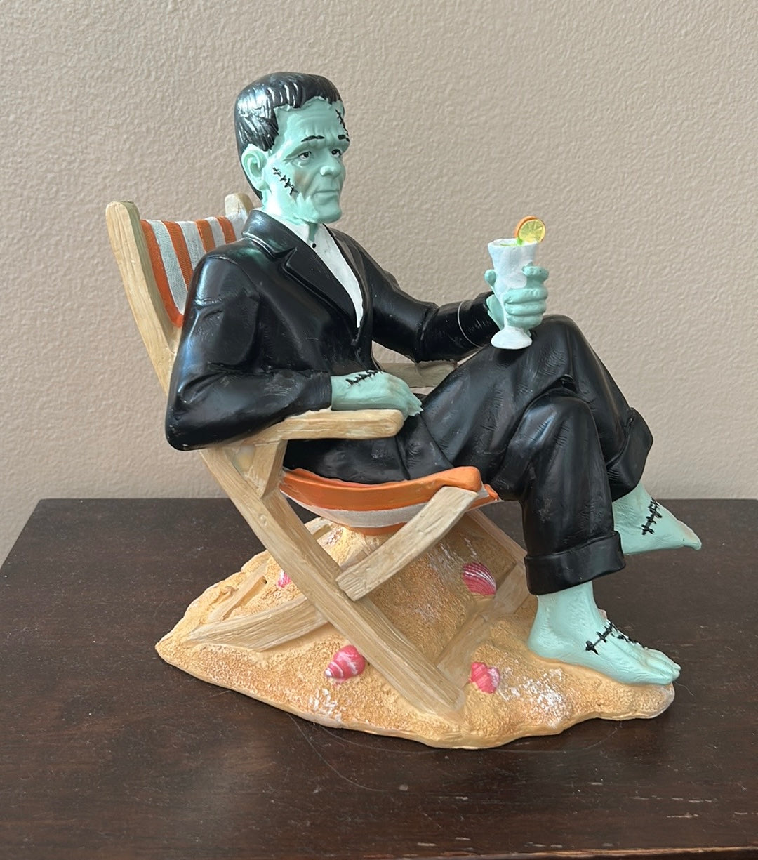 Halloween SUMMERWEEN Frankenstein Lounging on Beach Holding Drink Figurine