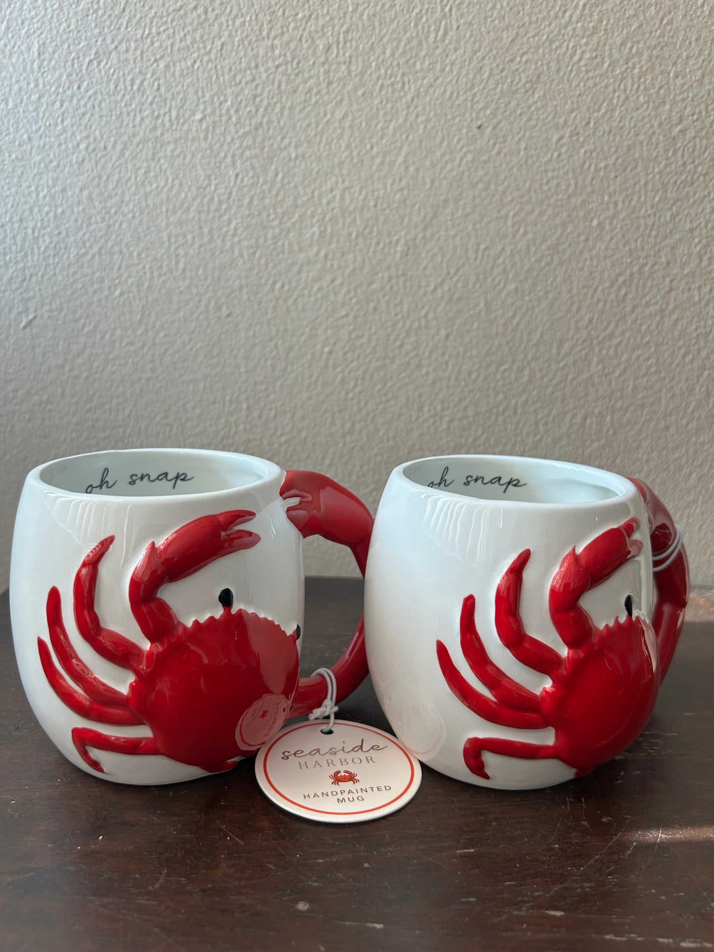 New Sunday Mornings 4 Coffee Mugs Red Crab ”oh Snap” Hand Painted