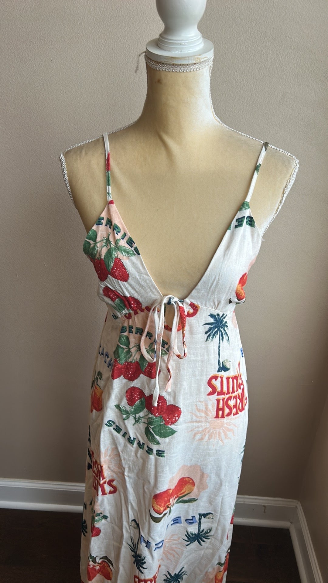 Paper Heart Womens Linen Blend Maxi  Dress Sz M Fruits Palm Trees New Strapless