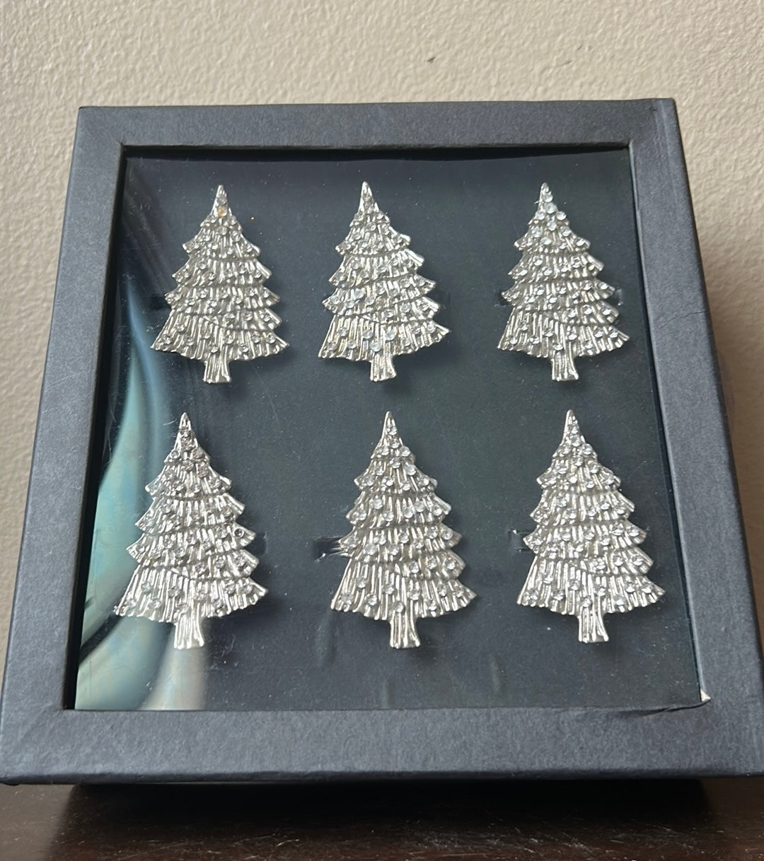 Christian Siriano Set Of 6 Christmas Tree Napkin Rings New Silver Rhinestones