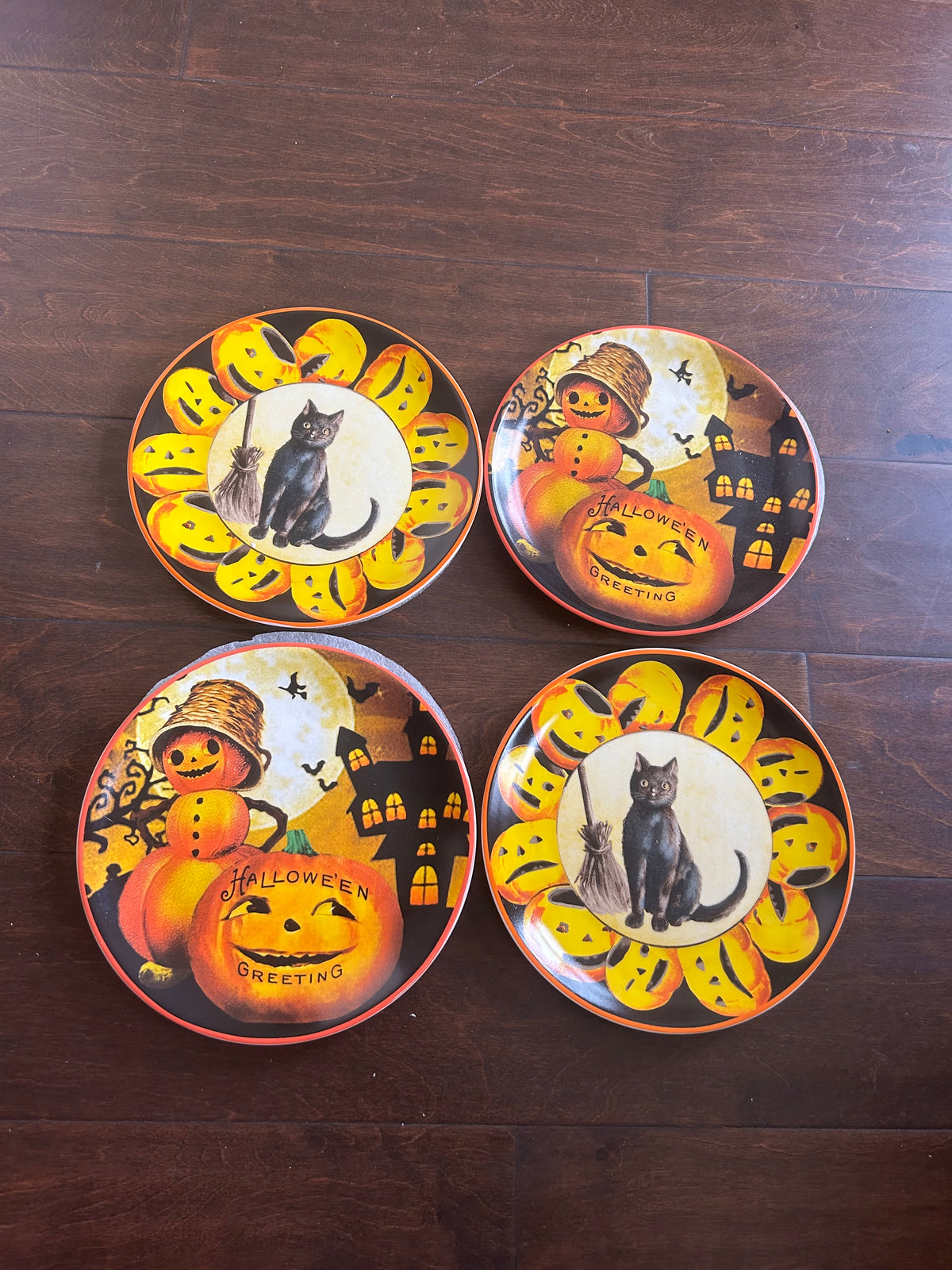 Mr Halloween Set Of 4 Salad Plates New Black Cat Broom Jackolantern