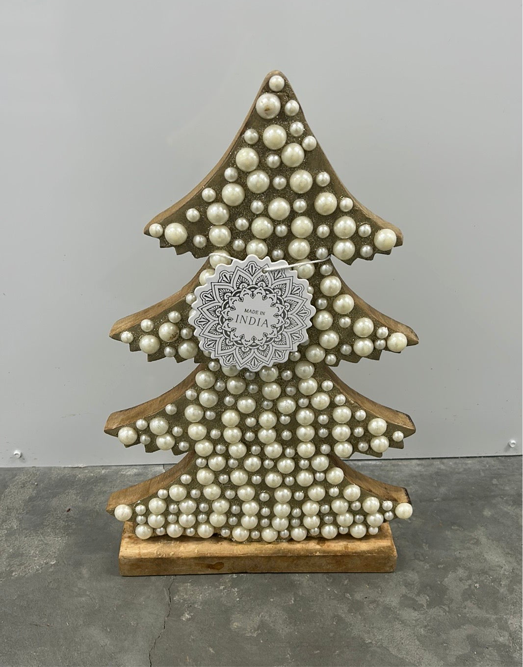 New Wood Christmas Tree With Pearls Shimmery Holiday Decor 16.5” Tall