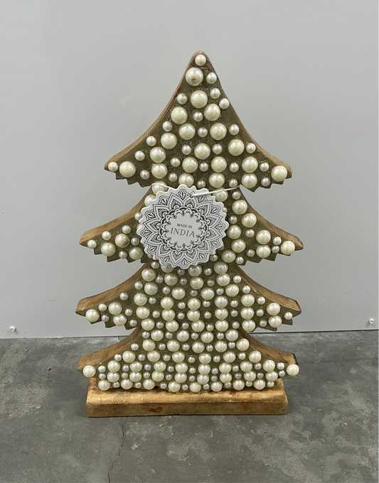 New Wood Christmas Tree With Pearls Shimmery Holiday Decor 16.5” Tall