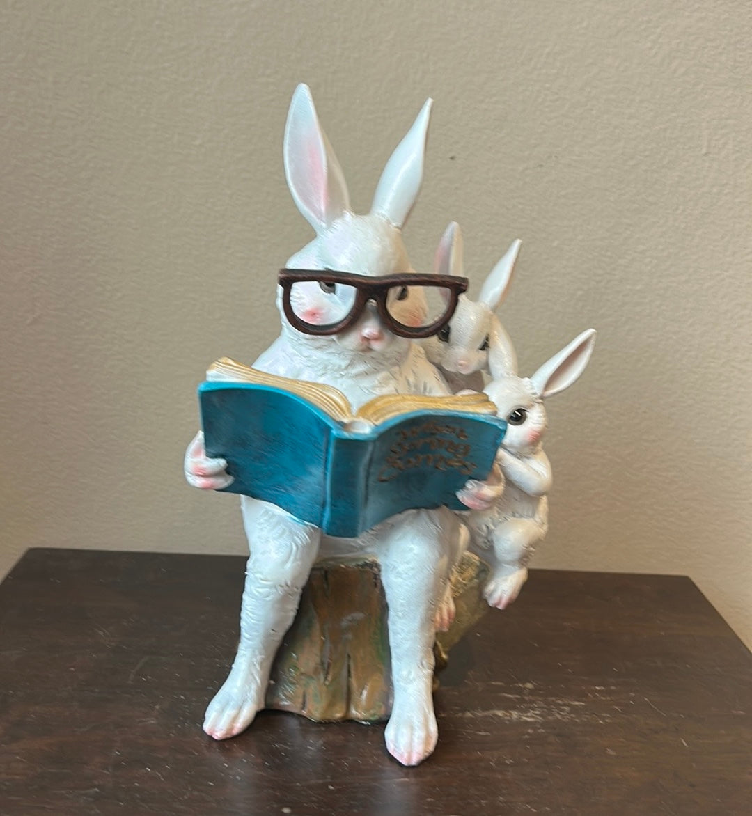 New Easter Bunny Reading Story Book To Baby Bunnies Figurine 11”