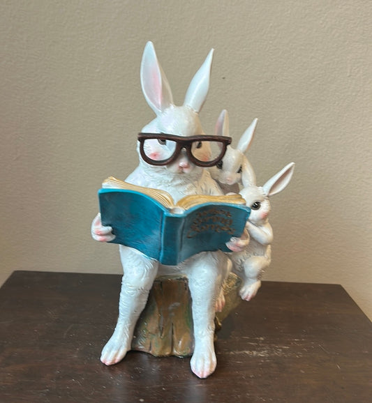 New Easter Bunny Reading Story Book To Baby Bunnies Figurine 11”