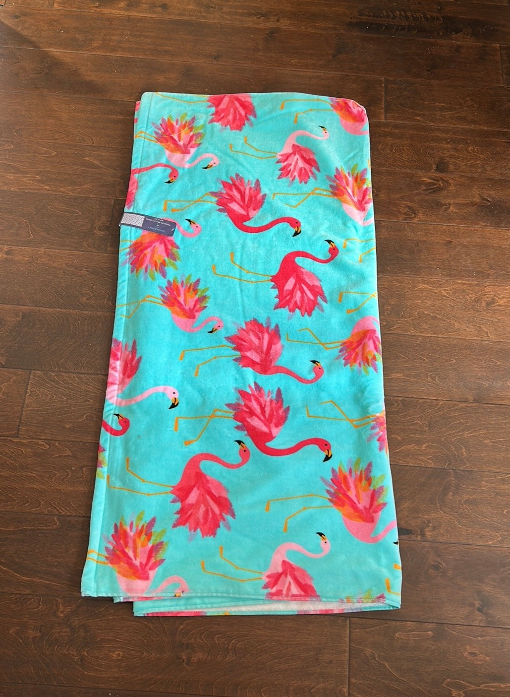CYNTHIA ROWLEY Pink Flamingo BLUE COTTON BEACH TOWEL 40”x72”