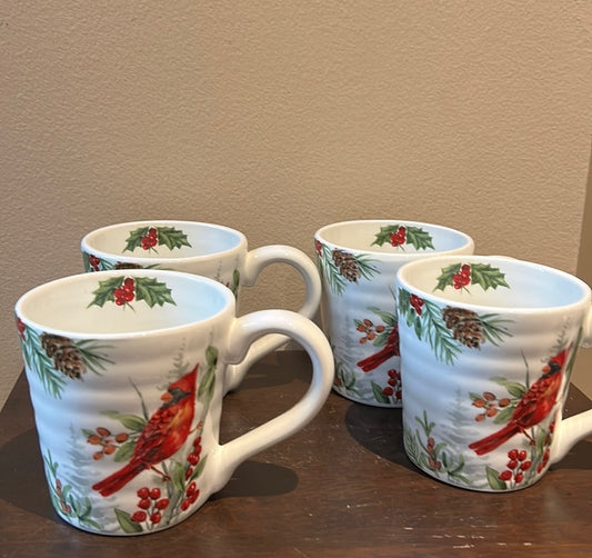 Maxcera set of 4 Christmas Mugs New Red Cardinal  Holly Berries Ceramic