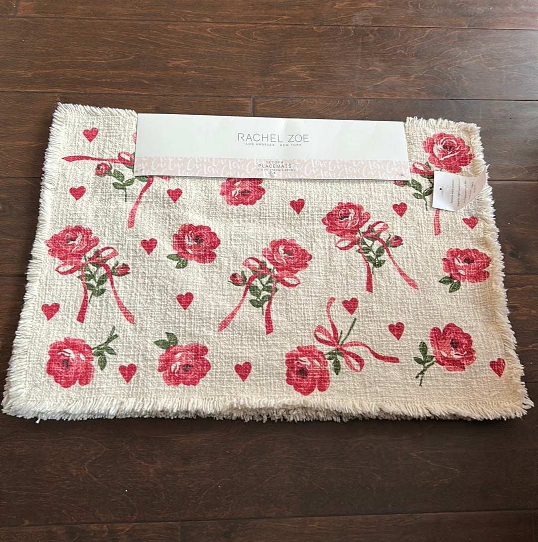 New Rachel Zoe New Valentines Day Set Of 4 Placemats Roses Red Hearts Frayed Edge