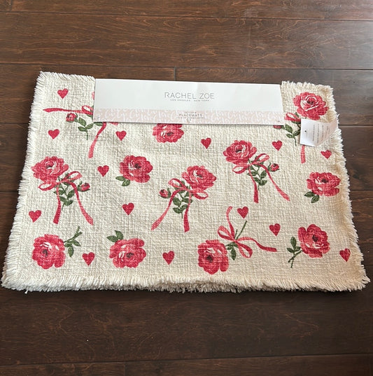New Rachel Zoe New Valentines Day Set Of 4 Placemats Roses Red Hearts Frayed Edge