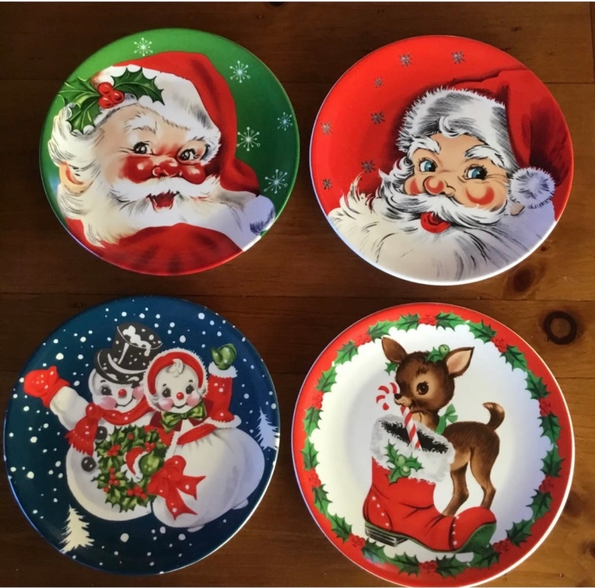 NEW Vintage Style MR CHRISTMAS 4 Pc PLATES Santa Snowman Retro Ceramic Pastel