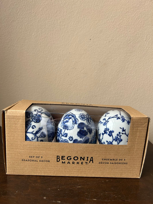 Begonia Market Easter Eggs Set Of 3 Blue White Floral Birds New Ceramic