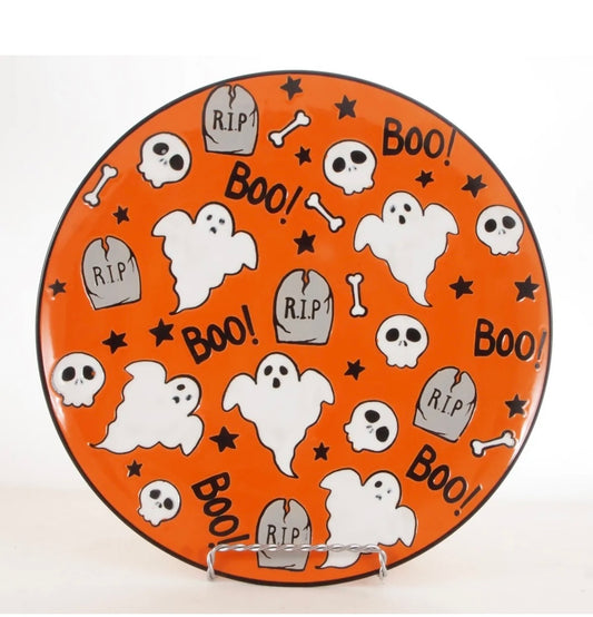 Eli + Ana Orange Halloween Dinner Plates with Ghosts, RIP, Skulls, Boo! Set of 3