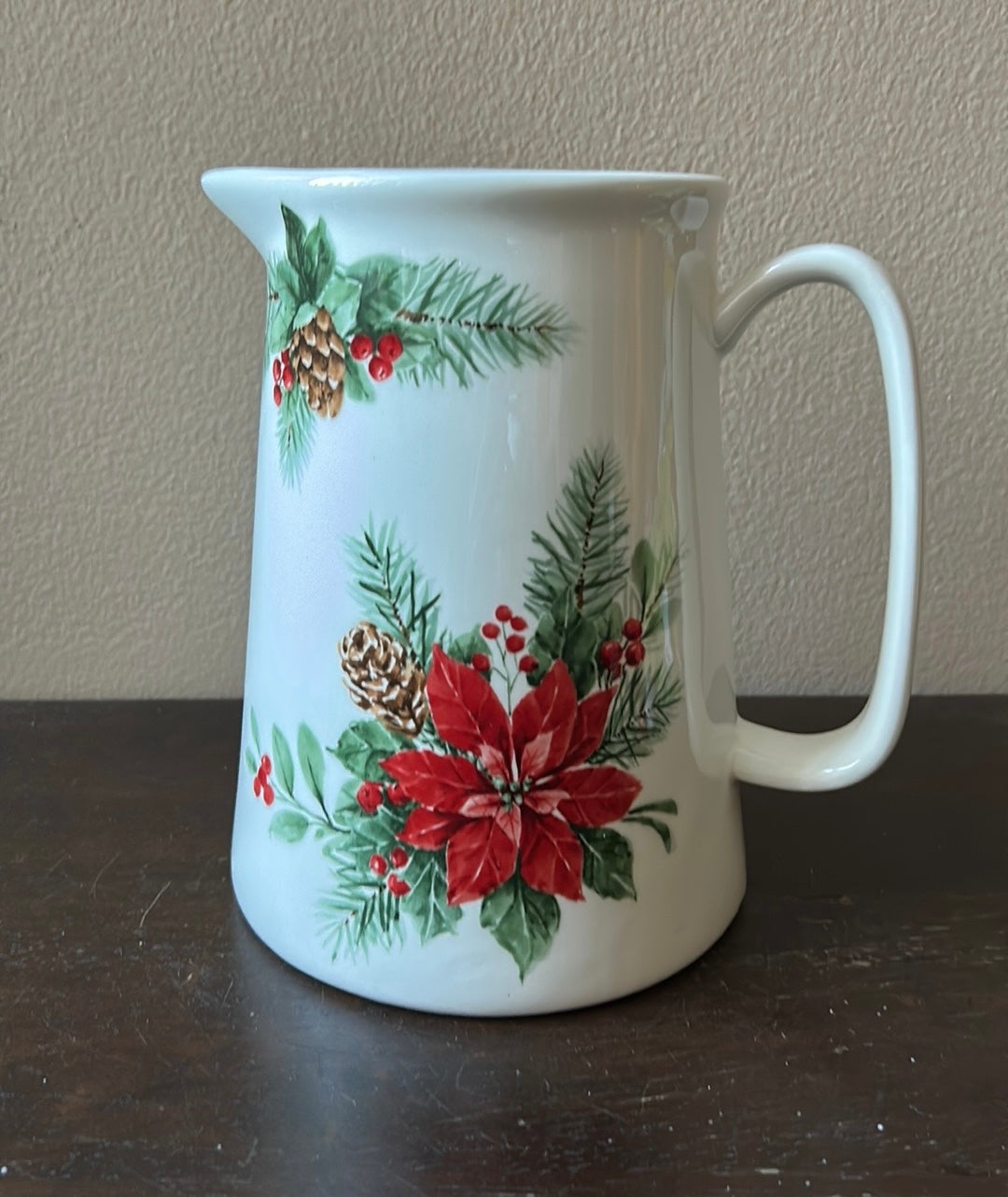 Maxcera Ceramic Pitcher  Christmas Poinsettia Holly Berries Pinecone New