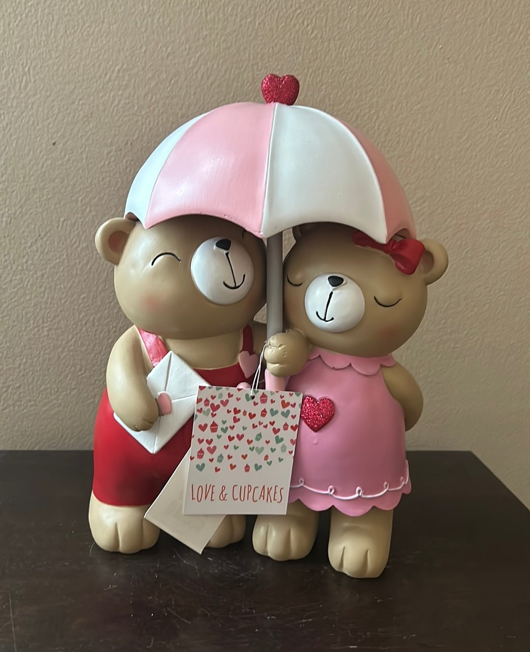 Cute Teddy Bear Couple Under Umbrella Figurine Valentines Day