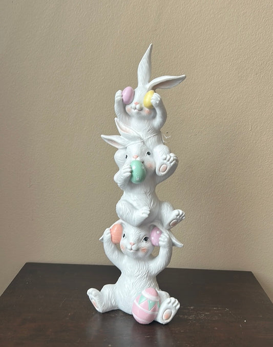 3 Cute Stacked Bunny Rabbits Easter Eggs See No Hear No Say No Evil New 15”