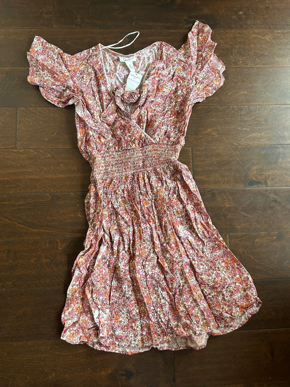 Japna Women’s Mini Dress New Floral Flutter Sleeve Viscose Ruffle Smocked Waist Sz S