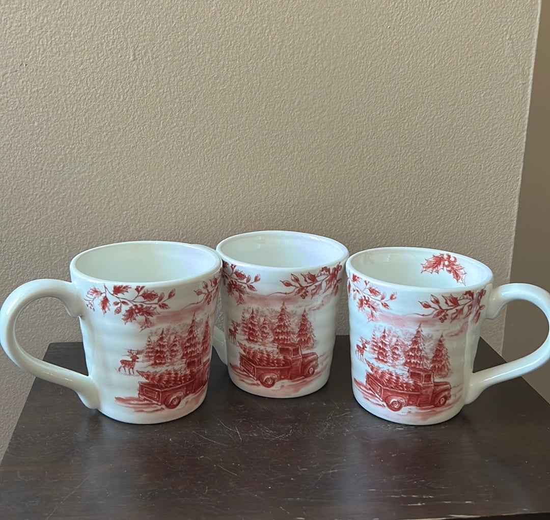 Maxcera set of 3 Christmas Mugs New Red Truck Ceramic Vintage Look