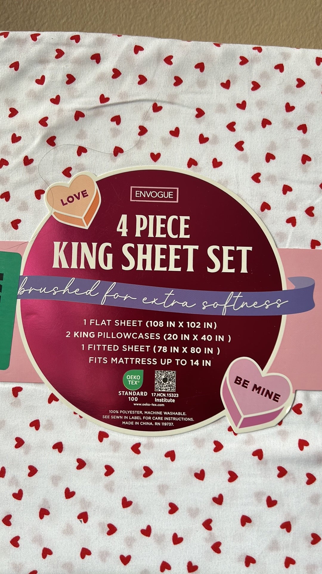 Envogue Sheet Set 4 Pc New Valentines Day Red Hearts Love