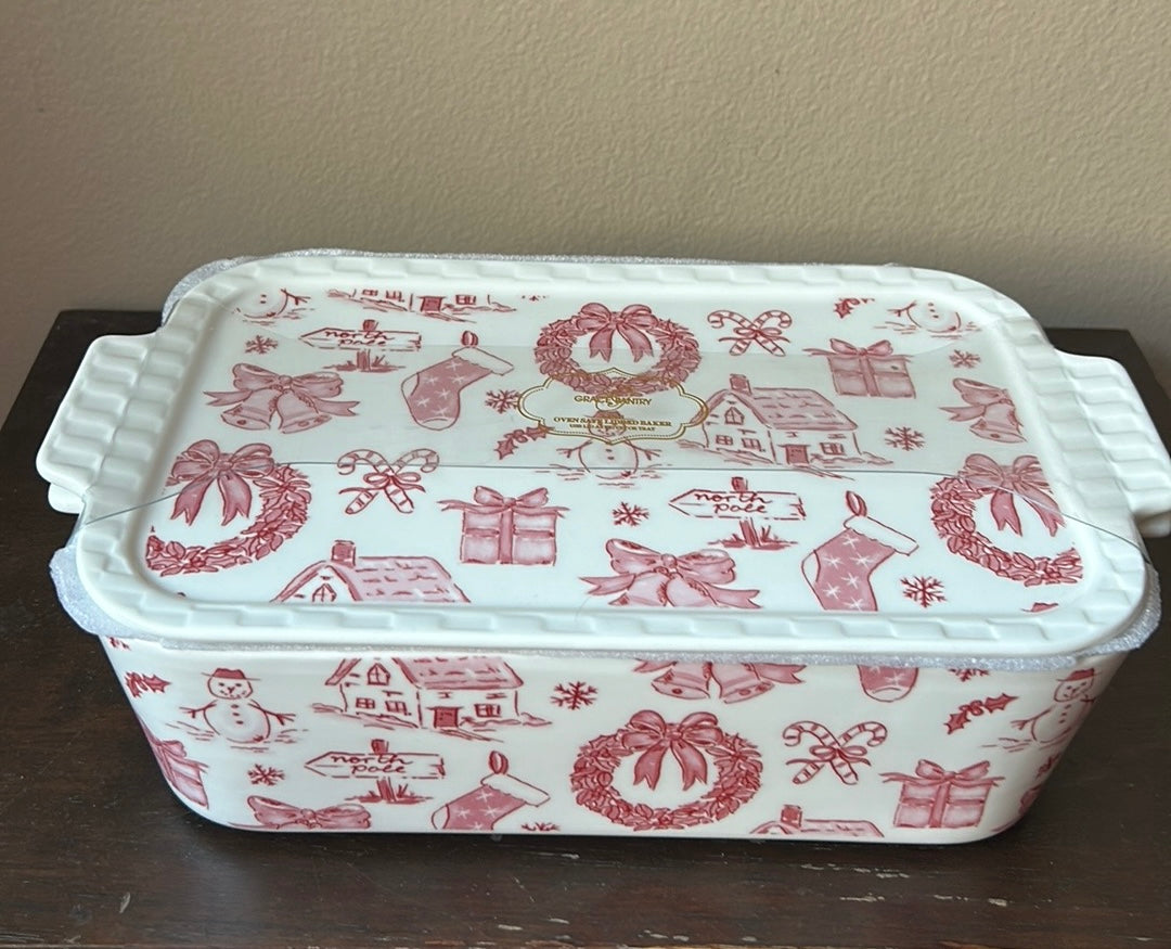 Grace Pantry Christmas Wreath Snowman Oven Safe Covered Casserole Dish Lid