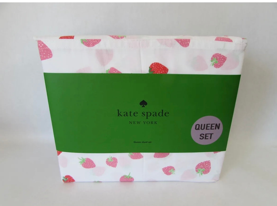 Kate Spade Queen Sheet Set Strawberries Cotton Percale Sheets 🍓 NWT