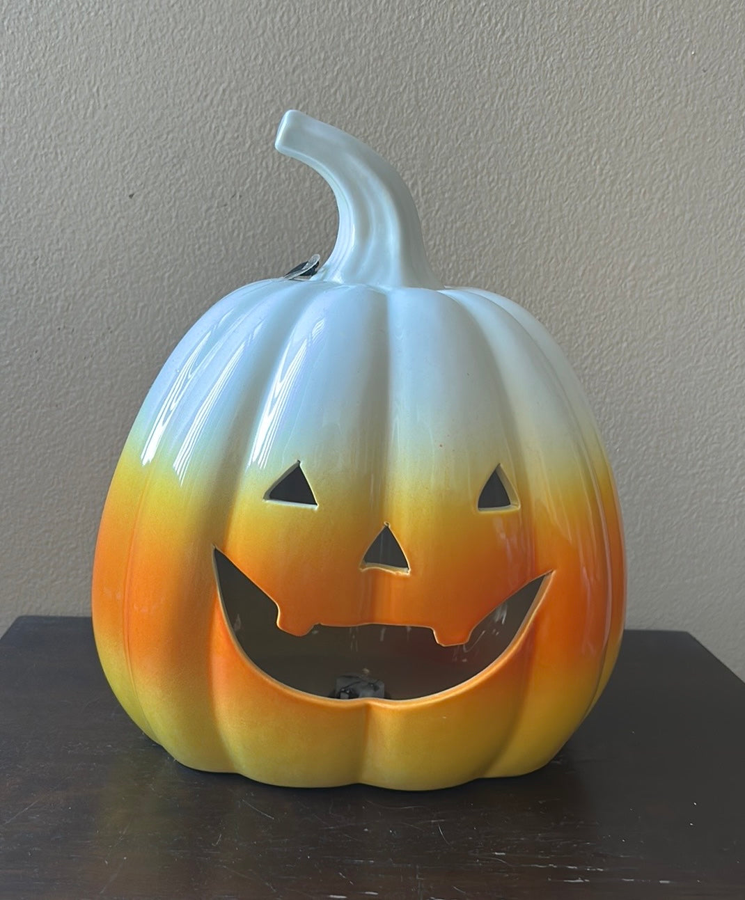 October 31 Halloween Jackolantern Light Up Ombre Orange Off White Ceramic