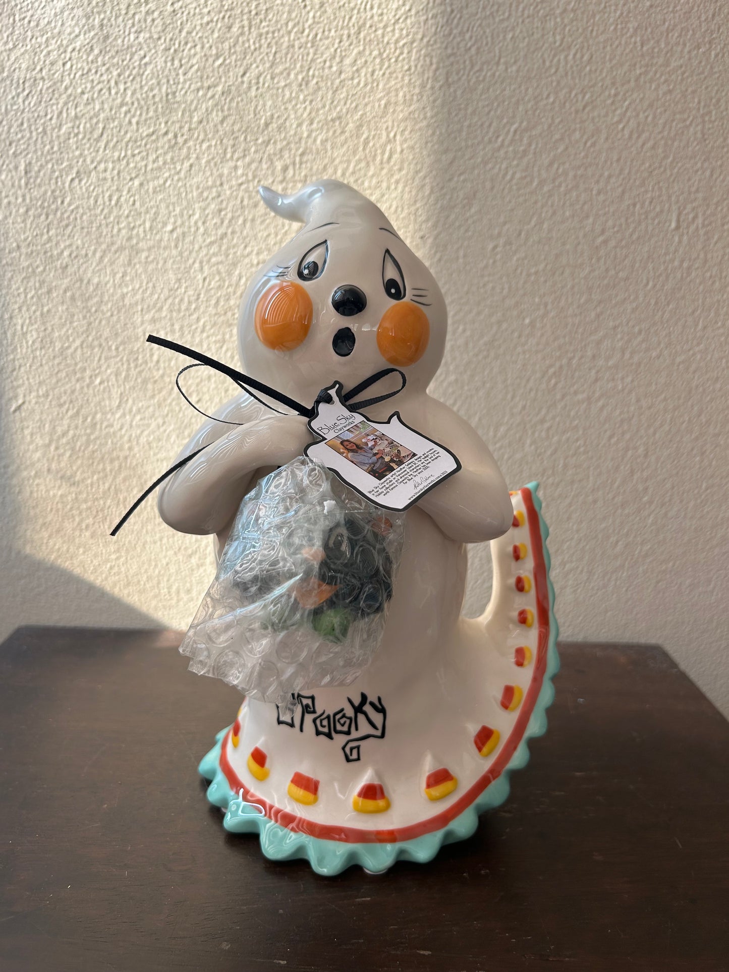Blue Sky Clayworks Goldminc Halloween GHOST With Cat Candy Bowl New 10” Tall