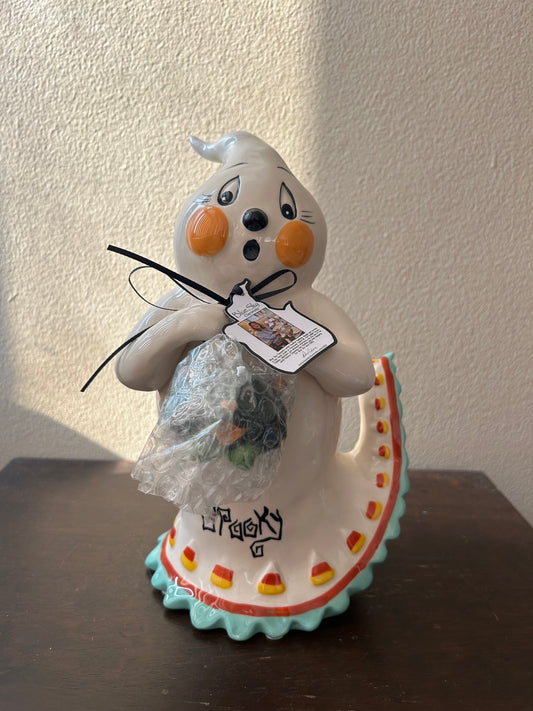 Blue Sky Clayworks Goldminc Halloween GHOST With Cat Candy Bowl New 10” Tall