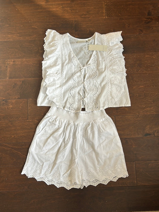 Calypso Womens White Pajama Set Shorts Top New Lace Eyelet Cotton S Embroidered