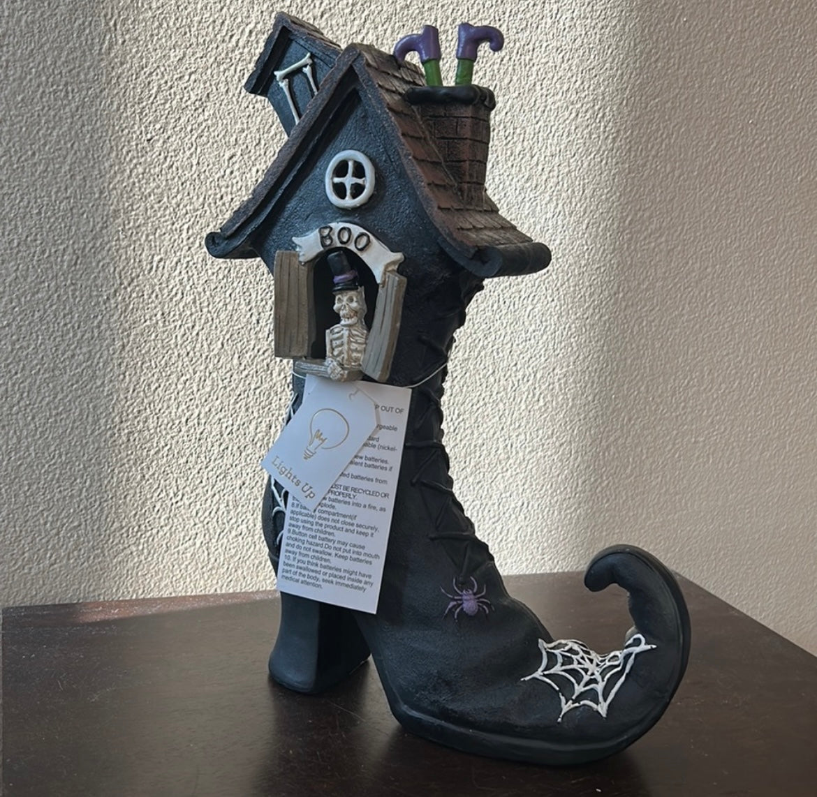 New Halloween Witch Boot House Light Up Skeleton Figurine Statue Tabletop 12"￼