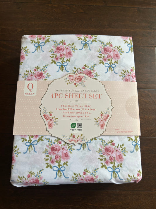 Jardin De Rosalie Queen Sheet Set New Rose Bouquet Floral