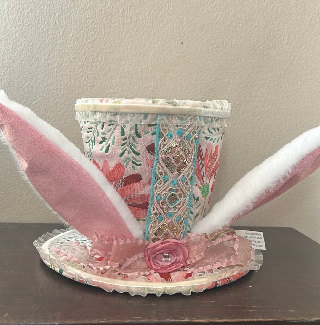 New Madhatter Theme Fabric Decorative Hat With Bunny Ears Easter 6 3/4” Tall