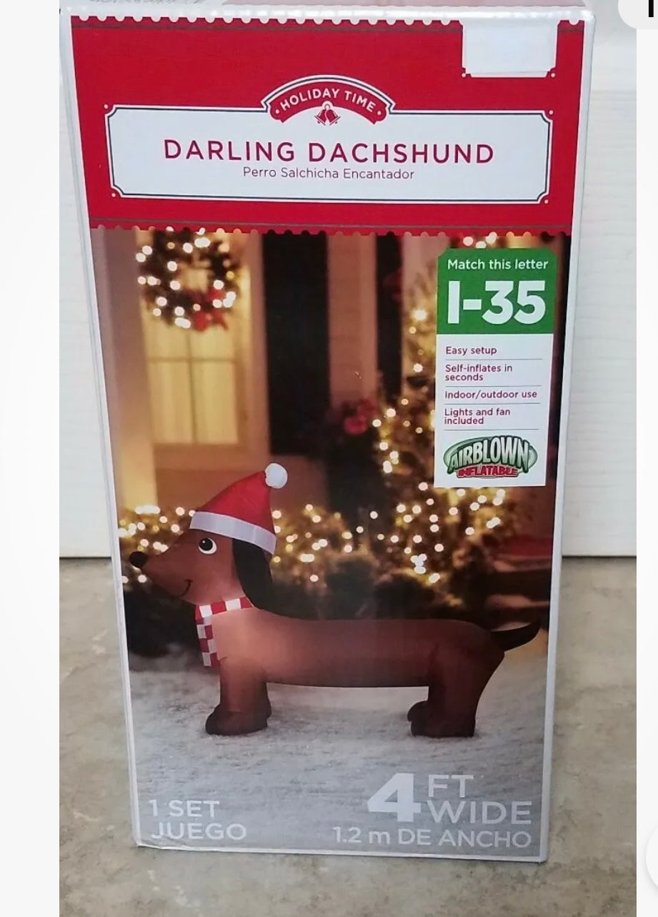 Christmas Darling Dachshund Dog Airblown Inflatable Gemmy 4 Ft Long Holiday Time