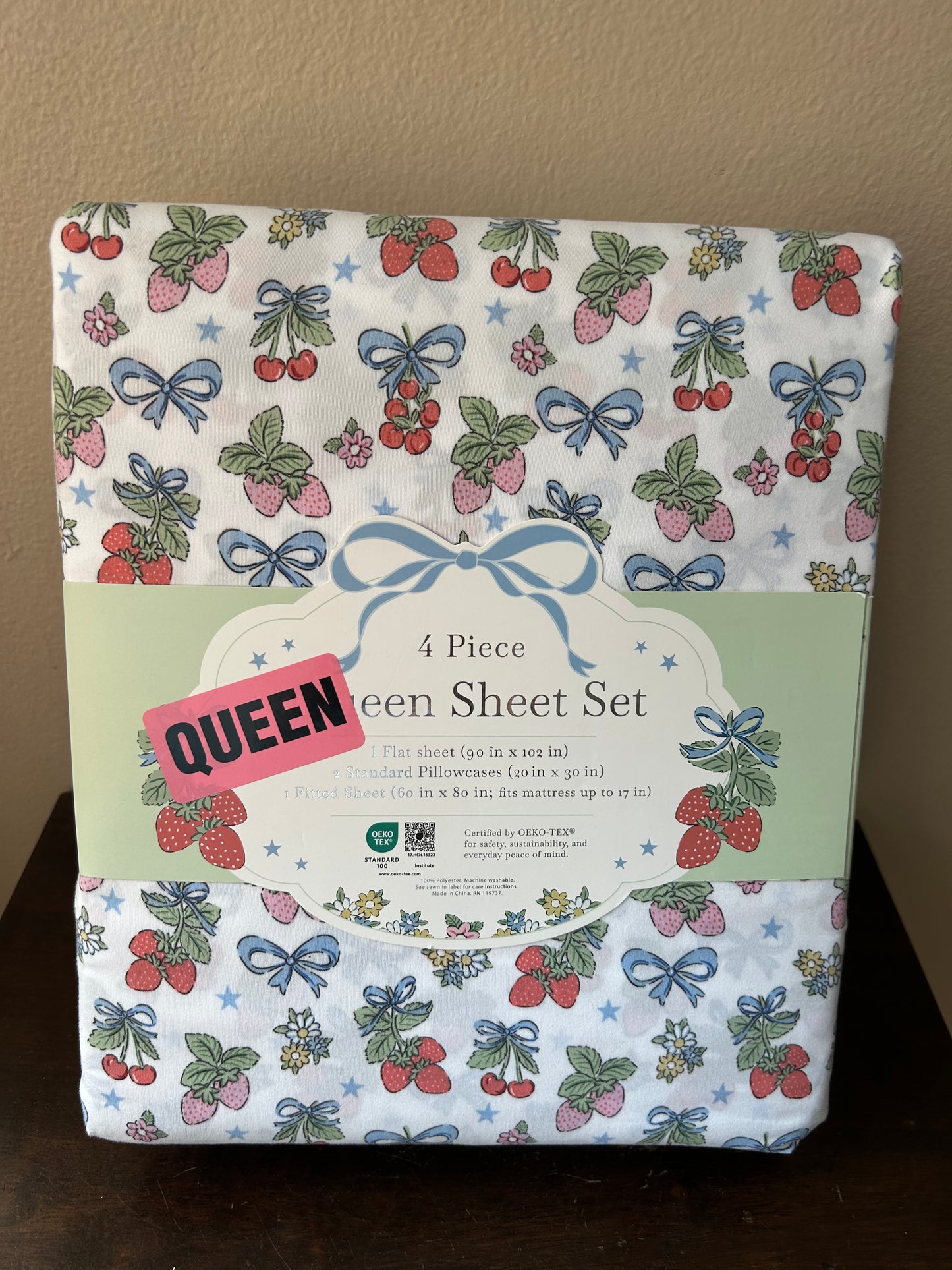 Envogue Queen Sheet Set Strawberry Bows Americana Red White Blue New 4 Pc