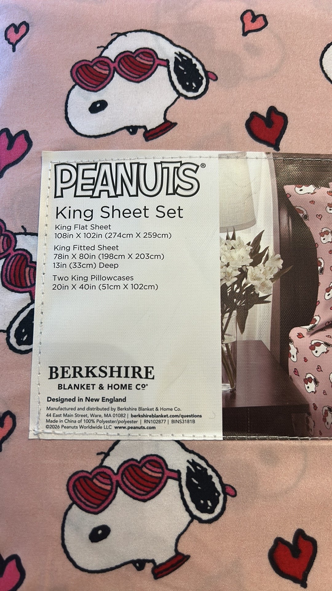 Snoopy King Sheet Set Valentines Day Red Pink Hearts New Love