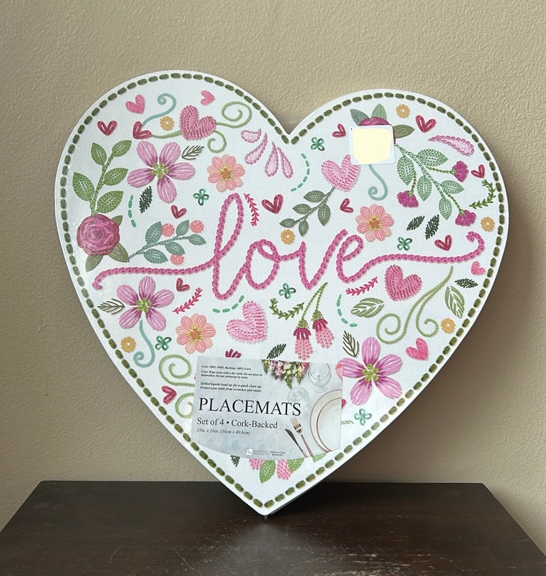 Benson Mills Set Of 4 Cork Heart Shaped Placemats Valentines Day Love Floral New