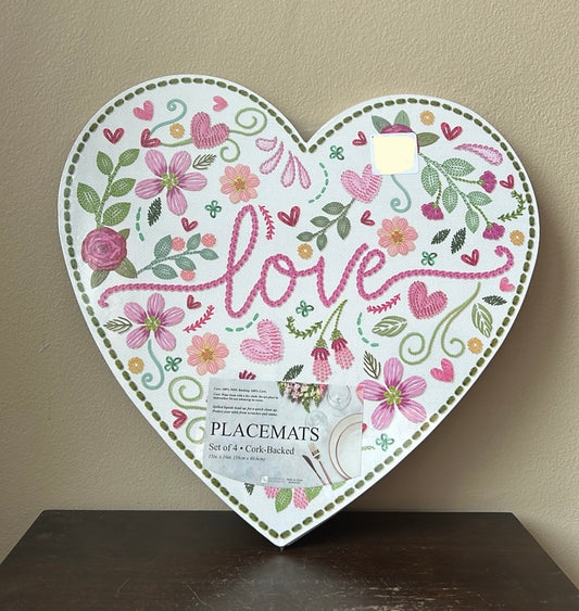 Benson Mills Set Of 4 Cork Heart Shaped Placemats Valentines Day Love Floral New