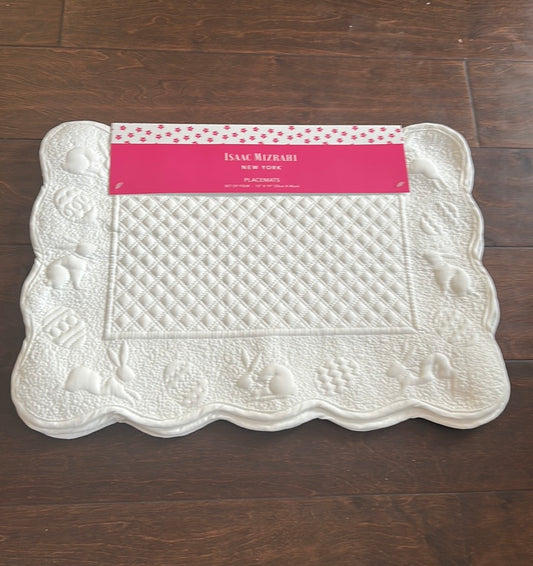 Isaac Mizrahi 4 Scalloped Edged  Quilted Placemats New White Bunny Easter Eggs