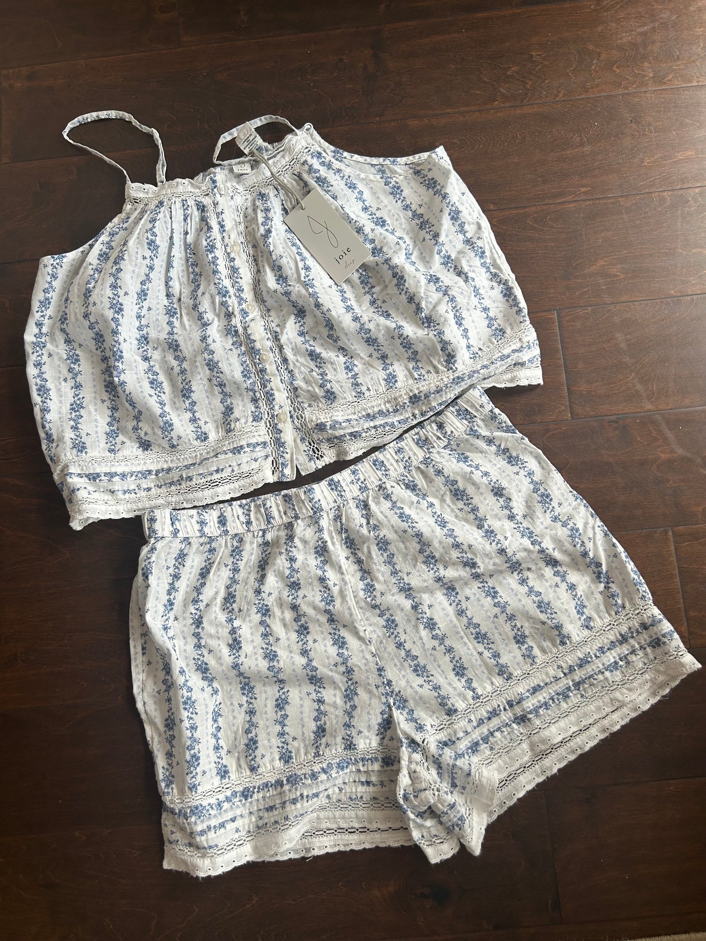 Joie Womens Blue White Flora Pajama Lace Set Shorts Top New Lace Cotton