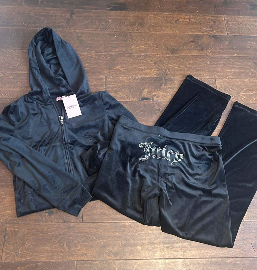 NWT JUICY COUTURE Velour Bling Tracksuit Hoodie/Pants Black Sz L