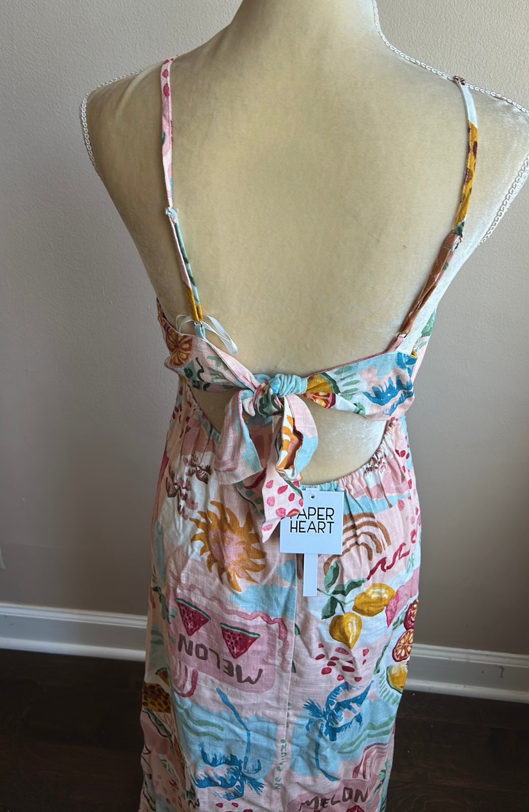 Paper Heart Womens Linen Blend   Dress Sz L Fruits Palm Trees New Tropical