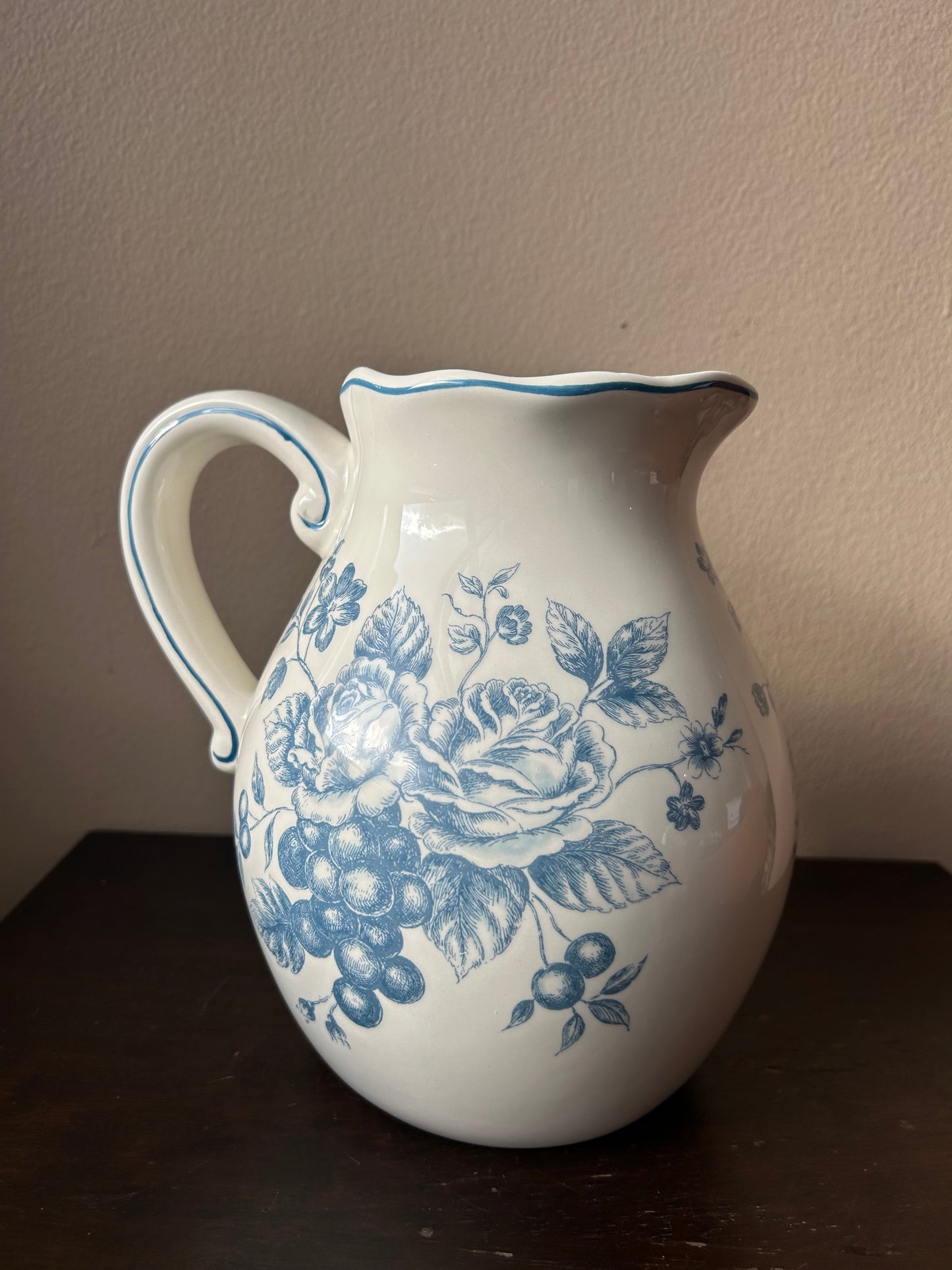 New Pitcher Vase Easter Spring Floral Blue Bunny Rabbit Ceramic New 8” Tall