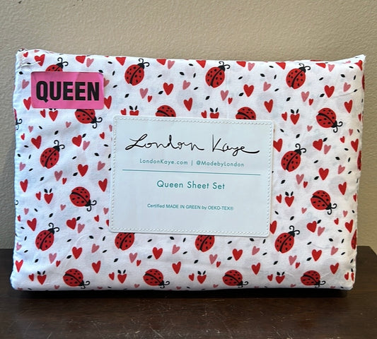 London Kaye sheet Set Ladybug Heart Print Queen Size Pink Red Microfiber New