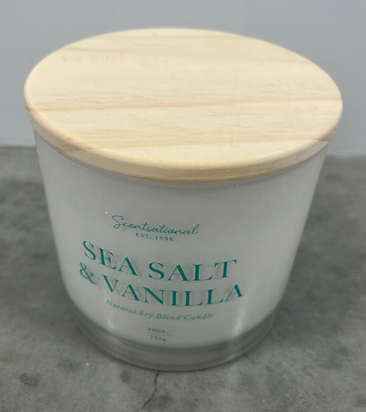 Scentsational Sea Salt Vanilla Candle Glass Jar 26 Oz Soy Wax Blend