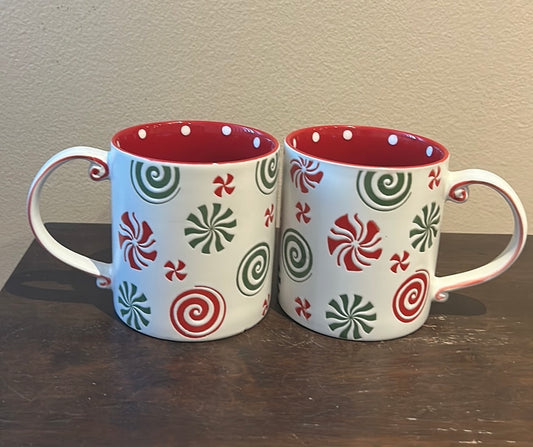 Set Of 2 Spectrum Peppermint Swirl Red Green Christmas Stoneware Coffee Mug New